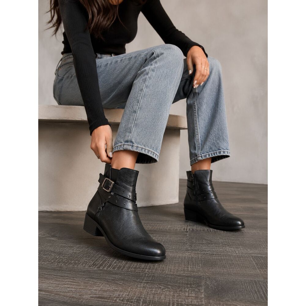 Miz Mooz Kerry Black Leather Harness Ankle Boots Moto Western Buckle Booties